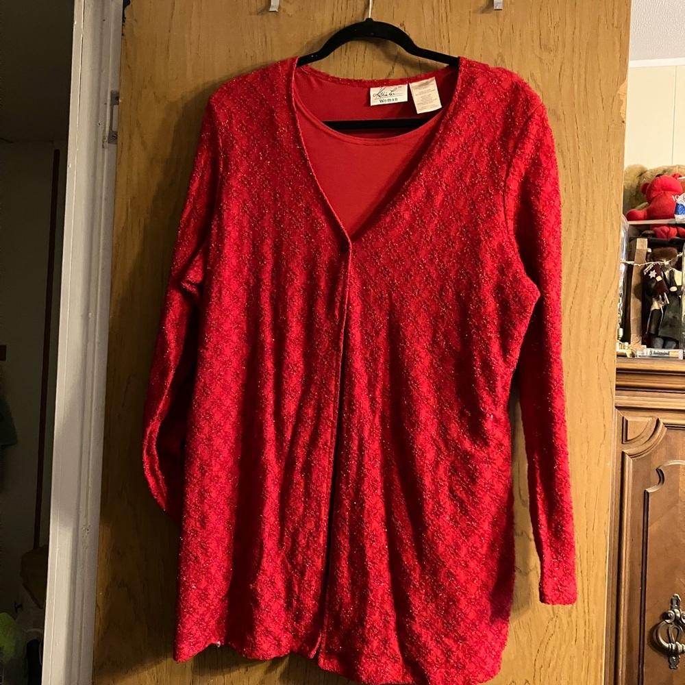 Red metallic brocade long sleeved dressy top with attached scoop neck shell